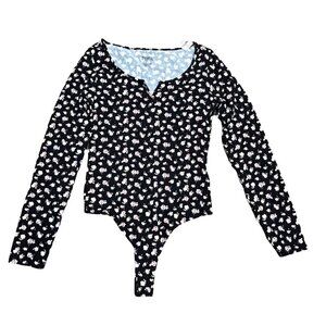 NWT Victoria's Secret PINK Thong Bodysuit Size XS Black Floral‎ Cotton L/S